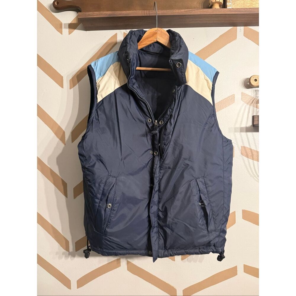 Vintage Gap Navy Blue Quilted Reversible Down Puffer Hooded Vest Size Small